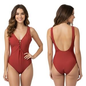 Cupshe Swimsuit Red One Piece Lace Up Backless Padded Bust‎ Resort Beach LG NEW